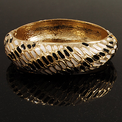 Gold Plated Animal Pattern Hinged Bangle Bracelet (Black & White)