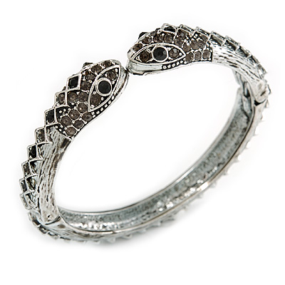 Vintage Diamante Snake Hinged Bangle Bracelet (Antique Silver)