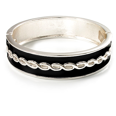Black Ornamental Enamel Hinged Bangle Bracelet (Silver Tone)