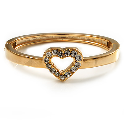 Romantic Crystal Heart Hinged Bangle Bracelet (Gold Tone)