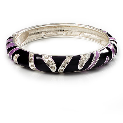 Purple Crystal Enamel Hinged Bangle Bracelet (Silver Tone)