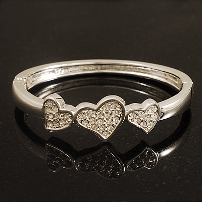 Rhodium Plated Diamante Heart Hinged Bangle Bracelet