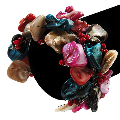 Multicoloured Floral Shell & Simulated Pearl Cuff Bracelet (Silver Tone)