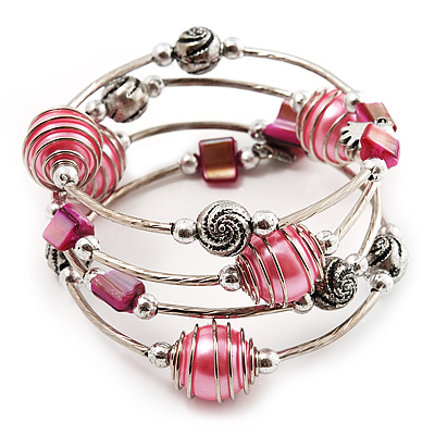 Silver-Tone Beaded Multistrand Flex Bracelet (Light Pink)