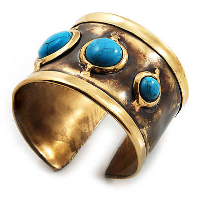 Handmade - Antique Gold Finish Turquoise Stone Wide Ethnic Cuff - Adjustable - main view