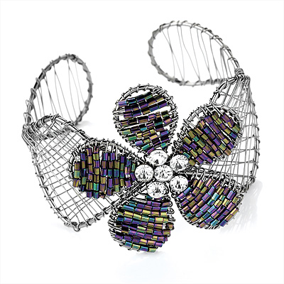 Silver Tone Beaded Flower Wire Flex Cuff Bracelet - 20cm Length - main view