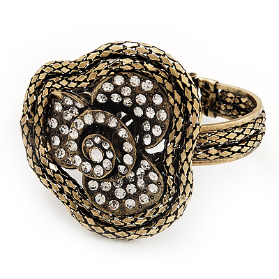 Vintage Mesh Crystal Flower Hinged Bangle Bracelet In Bronze Tone Metal - 18cm Length