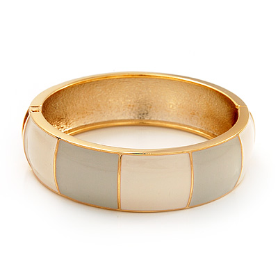 Round Enamel Hinged Bangle Bracelet In Gold Plated Metal (Cream/Beige) - 18cm Length