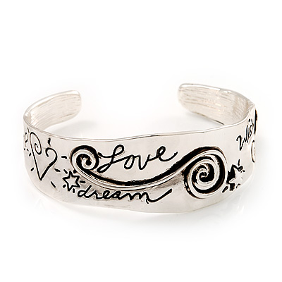 'Love, Peace, Dream, Hope & Wish' Cuff Bracelet In Silver Tone Metal - 18cm Length - main view