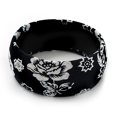 Dark Blue Fabric 'Rose' Bangle Bracelet - Up to 19cm Length