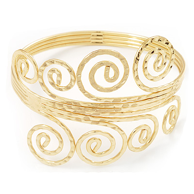 Gold Plated Textured 'Spiral' Upper Arm Bracelet Armlet - 28cm Long - Adjustable