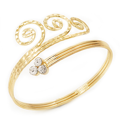 Gold Tone Textured Crystal 'Twirly' Upper Arm Bracelet Armlet - 28cm Long - Adjustable