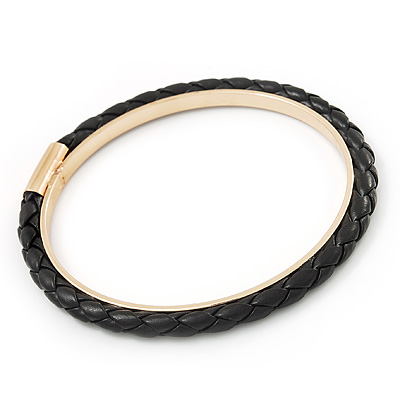 Black Leather Bangle In Gold Plated Metal - up to 18cm Length