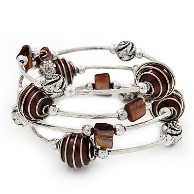 Silver-Tone Beaded Multistrand Flex Bracelet (Chocolate Brown)