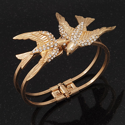 Diamante 'Swallow' Hinged Bangle Bracelet In Matt Gold Metal - up to 19cm wrist