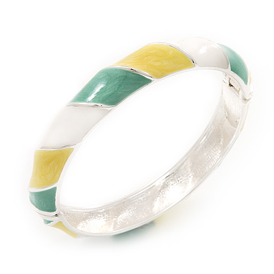 Lime/Yellow/White Enamel Twisted Hinged Bangle Bracelet In Rhodium Plated Metal - 19cm Length - main view