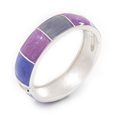 Grey/Pink/Purple Enamel Hinged Bangle Bracelet In Rhodium Plated Metal - 19cm Length