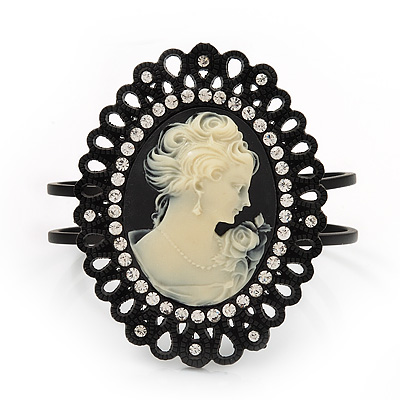 Large Diamante 'Classic Cameo' Hinged Bangle Bracelet In Black Metal - up to 18cm wrist