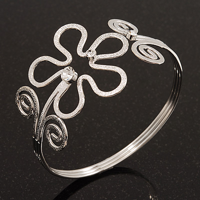 Rhodium Plated Textured 'Flower & Swirls' Diamante Upper Arm Bracelet Armlet - Adjustable - main view