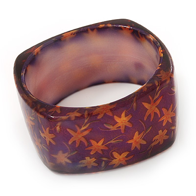 Purple/ Orange Floral Print Chunky Square Resin Bangle Bracelet - up to 20cm wrist - main view