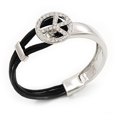Silver Tone Diamante 'Peace' Leather Cord Bracelet - 17cm Length