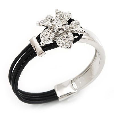 Silver Tone Diamante Flower Leather Cord Bracelet - 17cm Length