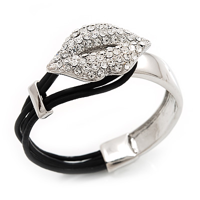 Silver Tone Diamante 'Lips' Leather Cord Bracelet - 17cm Length