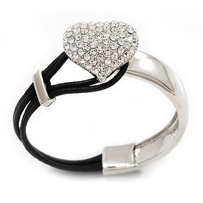 Silver Tone Diamante 'Heart' Leather Cord Bracelet - 17cm Length - main view