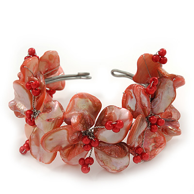 Light Coral Floral Shell & Simulated Pearl Cuff Bracelet In Silver Plating - Adjustable
