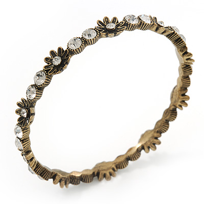 Slim Burn Gold Clear Crystal Floral Bangle Bracelet - up to 21cm Length