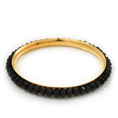 Slim Black Glass Bangle Bracelet In Gold Plating - up to 18cm Length