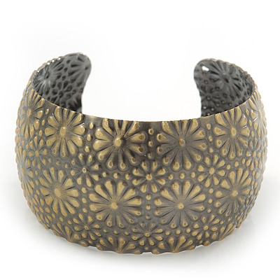Brushed Gun Metal 'Daisy Droplets' Silhouette Cuff Bracelet - up to 18cm Length