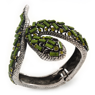 Vintage Burn Silver Olive Glass/Crystal Bead 'Snake' Hinged Bangle - 18cm Length