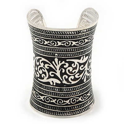 Wide Rhodium Plated Roman Etched Cuff - 95mm Height