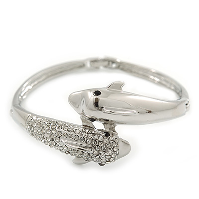 Rhodium Plated Crystal Double Dolphin Bangle Bracelet - up to 17cm Length - main view