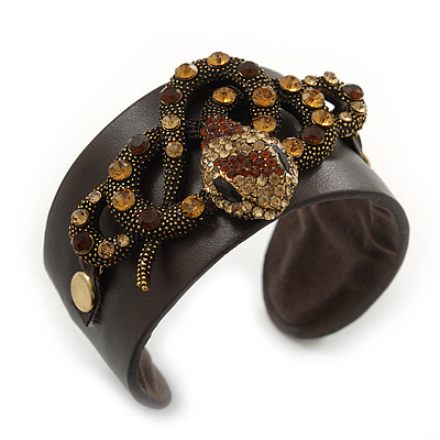 Crystal Coiled Snake Dark Brown Leather Flex Cuff Bracelet - Adjustable