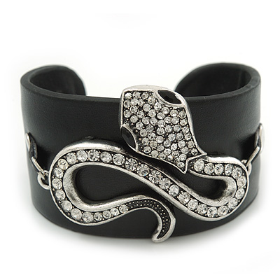 Clear Crystal Coiled Snake Black Leather Flex Cuff Bracelet - Adjustable
