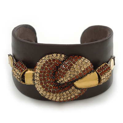 Citrine/ Smokey Topaz Coloured Swarovski Crystal 'Knot' Dark Brown Leather Flex Cuff Bracelet - Adjustable - main view