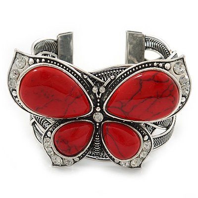 Large Red Ceramic 'Butterfly' Cuff Bracelet In Silver Plating