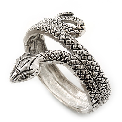 Burn Silver Vintage Inspired Textured Coiled Snake Hinged Bangle Bracelet - 18cm Length