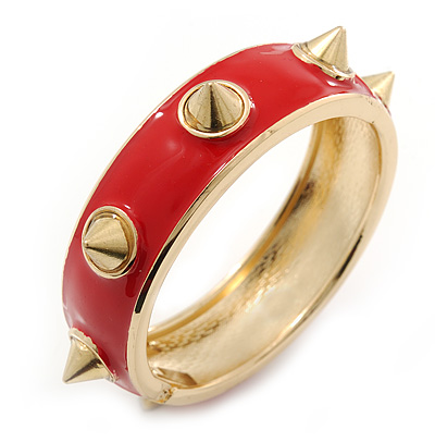 Red Enamel Spike Hinged Bangle Bracelet In Gold Plating - 19cm Length