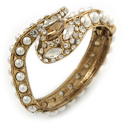Vintage Inspired Imitation Pearl, Austrian Crystal Snake Hinged Bangle In Gold Tone - 19cm L