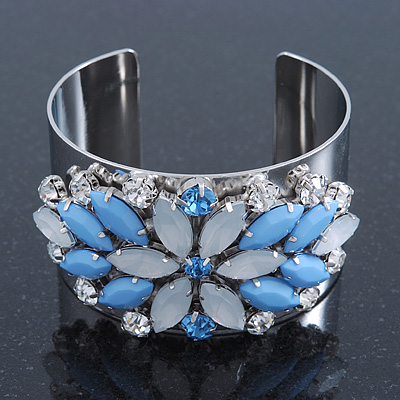 Rhodium Plated Light Blue/ Milky White Acrylic Bead, Crystal Floral Cuff Bangle - up to 19cm Length