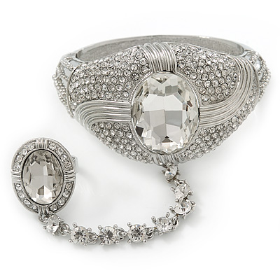 Statement Rhodium Plated Chunky Crystal Hinged Bangle With Oval Crystal Ring Attached - 18cm Length, Ring Size 7/8
