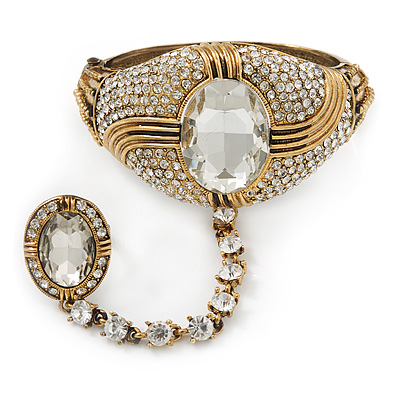 Vintage Inspired Burn Gold Chunky Crystal Hinged Bangle With Oval Crystal Ring Attached - 18cm Length, Ring Size 7/8