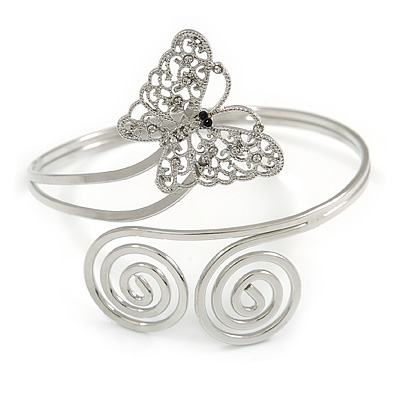 Silver Plated Filigree, Crystal Butterfly & Twirl Upper Arm, Armlet Bracelet - Adjustable - main view