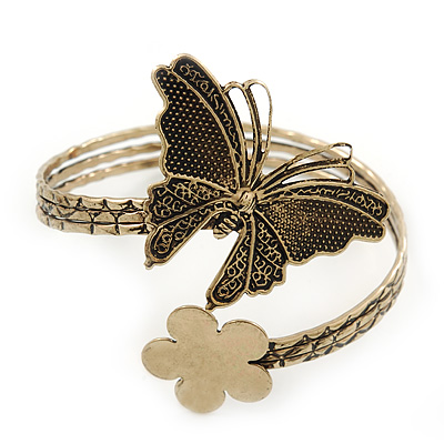 Vintage Inspired Hammered Butterfly & Flower Upper Arm, Armlet Bracelet In Antique Gold Tone - Adjustable - main view
