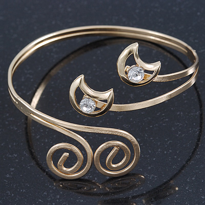 Gold Plated 'Swirl And Crystal Crescent' Upper Arm Bracelet - Adjustable - main view