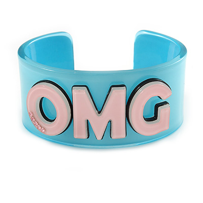 Light Blue/ Pale Pink 'OMG' Acrylic Cuff Bracelet Bangle (Adult Size) - 19cm L