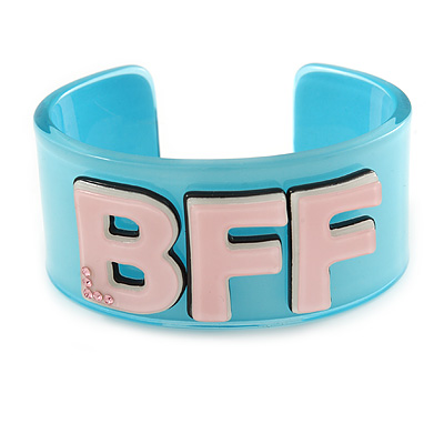 Light Blue/ Pale Pink 'BFF' Acrylic Cuff Bracelet Bangle (Adult Size) - 19cm L